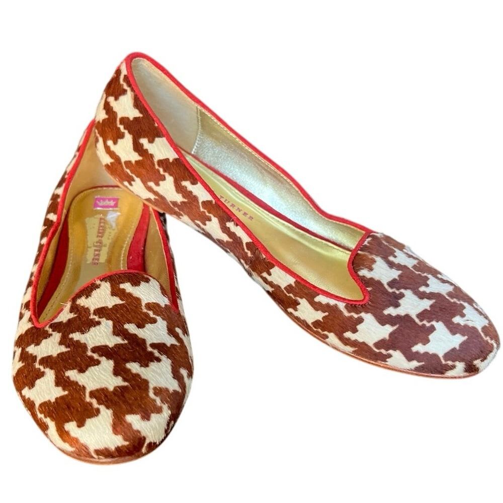 Elaine Turner Calf Hair Houndstooth Animal Print Flats Red Trim Suede sz 8.5